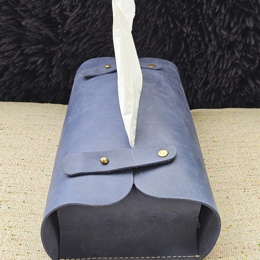 Genuine Leather Tissue Box Handmade Blue Leather Box for Tissue New - Picture 7 of 14